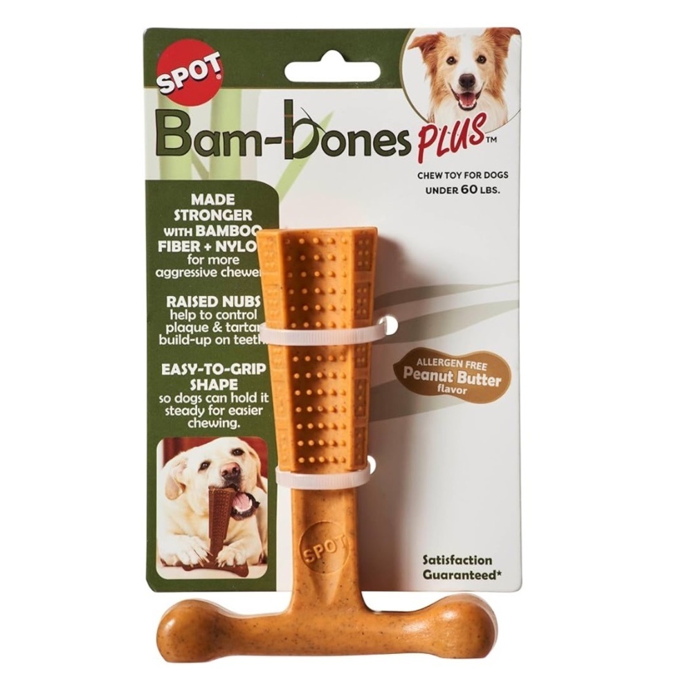 SPOT Bam-Bones PLUS Dog Chew Toy - Bamboo & Nylon, 4”, Peanut Butter Flavor- NWT